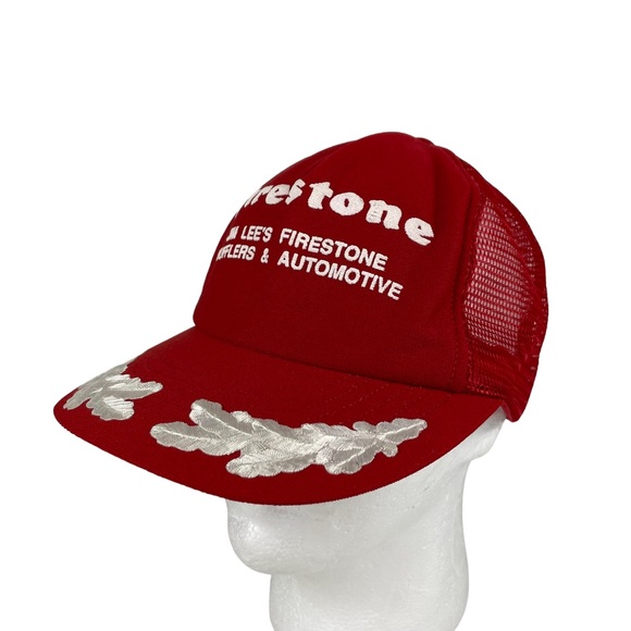 Vintage Firestone USA Made SnapBack Trucker Hat Embroidered Bill Red White Crisp - Picture 10 of 16